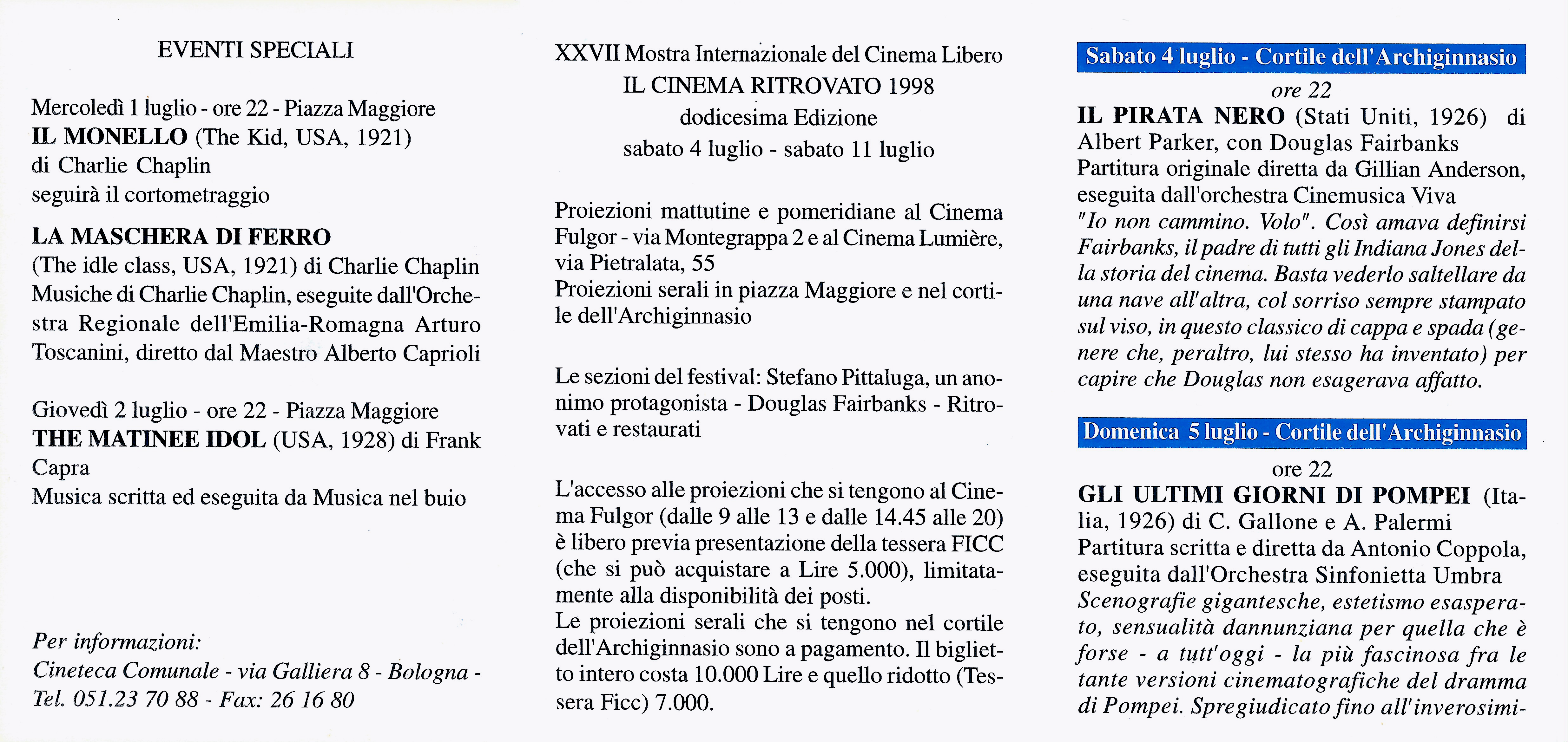 BOLOGNA, FESTIVAL IL CINEMA RITROVATO 1998, EVENTI SPECIALI, ORCHESTRA SINFONICA ARTURO TOSCANINI, ALBERTO CAPRIOLI, DIR.